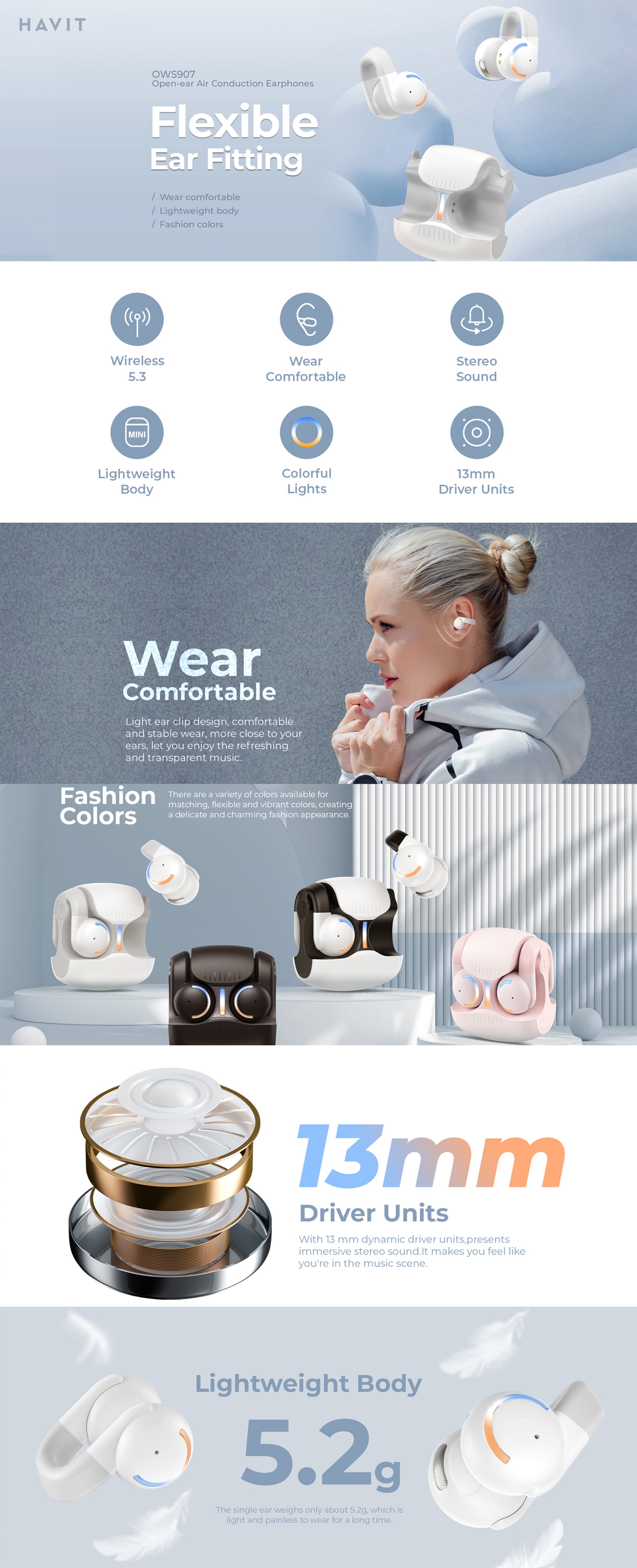 Open Ear Wireless Clip Earbuds Bluetooth 5.3 Earpods for Android & iPhone – Sports Headphones with 3D Stereo Sound, Comfortable On-Ear Design, Perfect for Running, Cycling, Driving, Gym Workouts & Outdoor Activities – Sweatproof & Secure Fit (White/Grey)