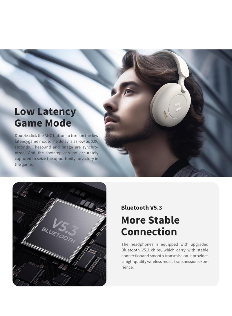 Hybrid Active Noise Cancelling Wireless Over-Ear Headphones, Bluetooth V5.3 with Low Latency Game Mode, Dual Device Connection, 76 Hours Battery Life, 40mm Dynamic Drivers, Deep Bass, Crystal Clear Audio, Comfortable Fit, Ideal for Gaming, Music, and Calls, Premium Sound Quality Over-Ear Headset (Blue)