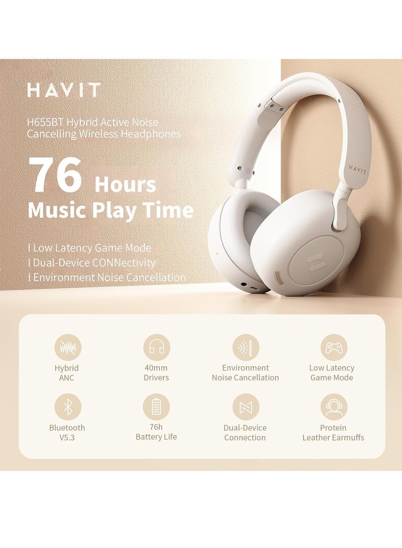 Hybrid Active Noise Cancelling Wireless Over-Ear Headphones, Bluetooth V5.3 with Low Latency Game Mode, Dual Device Connection, 76 Hours Battery Life, 40mm Dynamic Drivers, Deep Bass, Crystal Clear Audio, Comfortable Fit, Ideal for Gaming, Music, and Calls, Premium Sound Quality Over-Ear Headset (Blue)