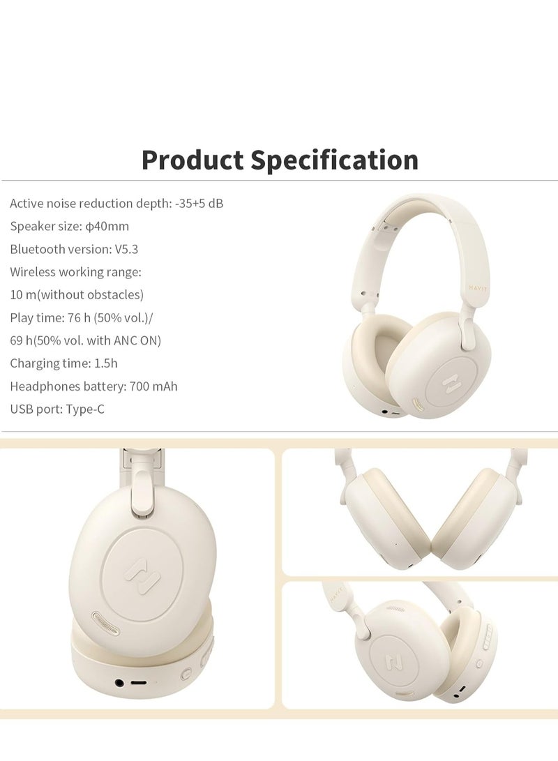 Hybrid Active Noise Cancelling Wireless Over-Ear Headphones, Bluetooth V5.3 with Low Latency Game Mode, Dual Device Connection, 76 Hours Battery Life, 40mm Dynamic Drivers, Deep Bass, Crystal Clear Audio, Comfortable Fit, Ideal for Gaming, Music, and Calls, Premium Sound Quality Over-Ear Headset (Blue)