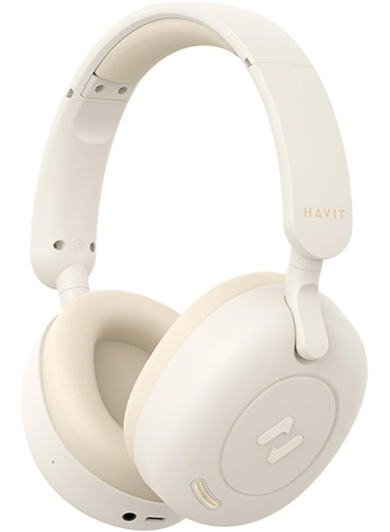 Premium Wireless Over-Ear Headphones with Hybrid Active Noise Cancelling - Bluetooth 5.3, Ultra-Clarity Hi-Fi Stereo Sound with Deep Bass, 40mm Dynamic Drivers, Low Latency Gaming Mode, Powerful Battery Life up to 76 Hours, Dual Device Connection, Built-in Microphone for Clear Calls, Comfortable Memory Foam Ear Cushions, Lightweight and Foldable Design, Perfect for Music, Travel, Work, and Gaming - Beige