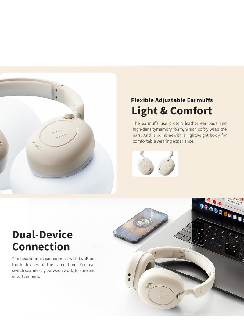 Premium Wireless Over-Ear Headphones with Hybrid Active Noise Cancelling - Bluetooth 5.3, Ultra-Clarity Hi-Fi Stereo Sound with Deep Bass, 40mm Dynamic Drivers, Low Latency Gaming Mode, Powerful Battery Life up to 76 Hours, Dual Device Connection, Built-in Microphone for Clear Calls, Comfortable Memory Foam Ear Cushions, Lightweight and Foldable Design, Perfect for Music, Travel, Work, and Gaming - Beige