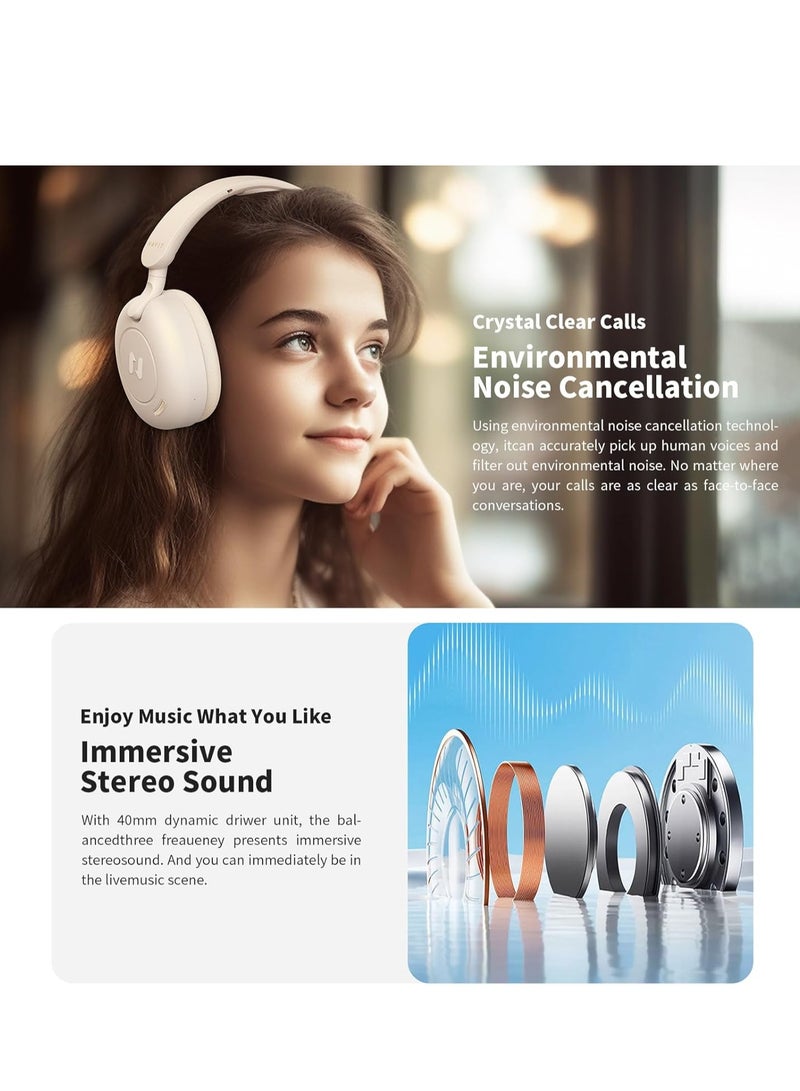 Premium Wireless Over-Ear Headphones with Hybrid Active Noise Cancelling - Bluetooth 5.3, Ultra-Clarity Hi-Fi Stereo Sound with Deep Bass, 40mm Dynamic Drivers, Low Latency Gaming Mode, Powerful Battery Life up to 76 Hours, Dual Device Connection, Built-in Microphone for Clear Calls, Comfortable Memory Foam Ear Cushions, Lightweight and Foldable Design, Perfect for Music, Travel, Work, and Gaming - Beige