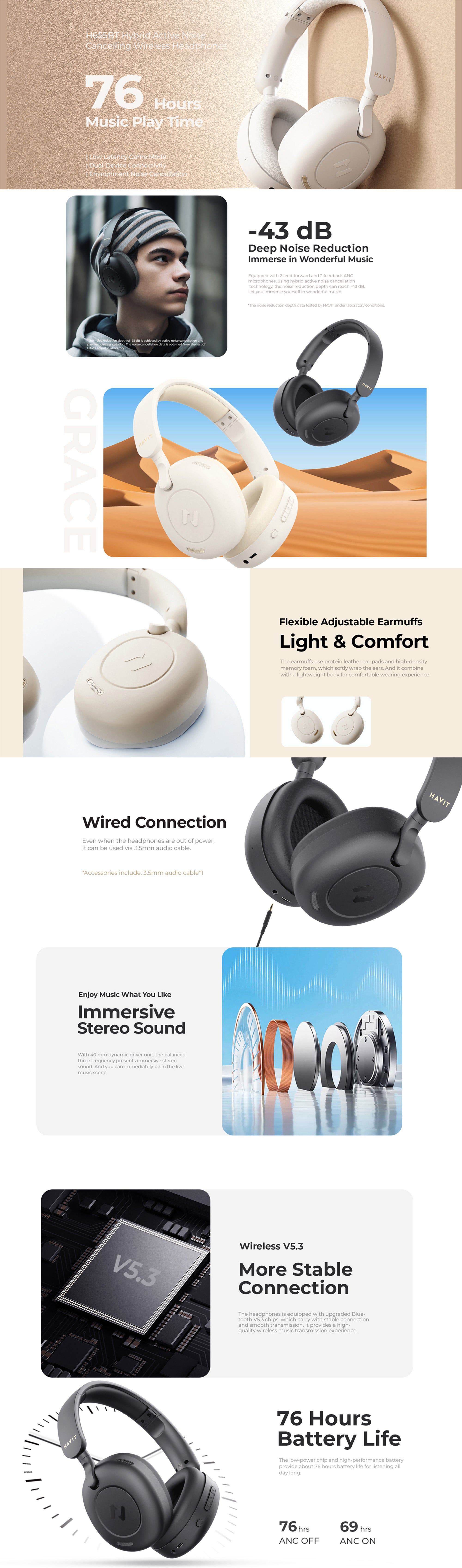 Premium Wireless Over-Ear Headphones with Hybrid Active Noise Cancelling - Bluetooth 5.3, Ultra-Clarity Hi-Fi Stereo Sound with Deep Bass, 40mm Dynamic Drivers, Low Latency Gaming Mode, Powerful Battery Life up to 76 Hours, Dual Device Connection, Built-in Microphone for Clear Calls, Comfortable Memory Foam Ear Cushions, Lightweight and Foldable Design, Perfect for Music, Travel, Work, and Gaming - Beige