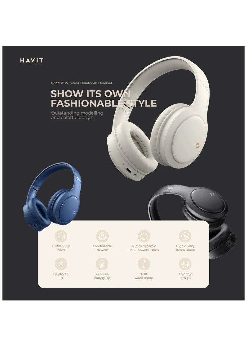 Over-Ear Wireless Headset, Bluetooth Headphone, 40mm Dynamic Drivers for Powerful Bass, Stereo Sound Quality, Foldable Design, 22-Hours Battery Life, and Aux Wired Option for Versatile Listening and Extended Audio Experience- Beige