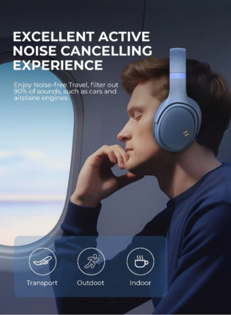 Bluetooth Over-Ear Headphones with Active Noise Cancelling, Wireless 5.3V Technology, 50H Playtime, HiFi Stereo Sound, Soft Ear Pads, Built-In Mic, Foldable Design for Easy Storage, Perfect for Phone and PC Use - Blue