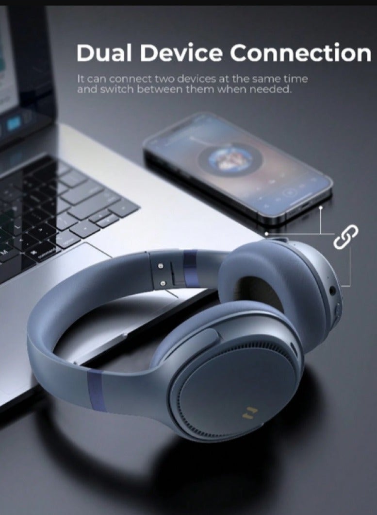 Bluetooth Over-Ear Headphones with Active Noise Cancelling, Wireless 5.3V Technology, 50H Playtime, HiFi Stereo Sound, Soft Ear Pads, Built-In Mic, Foldable Design for Easy Storage, Perfect for Phone and PC Use - Blue