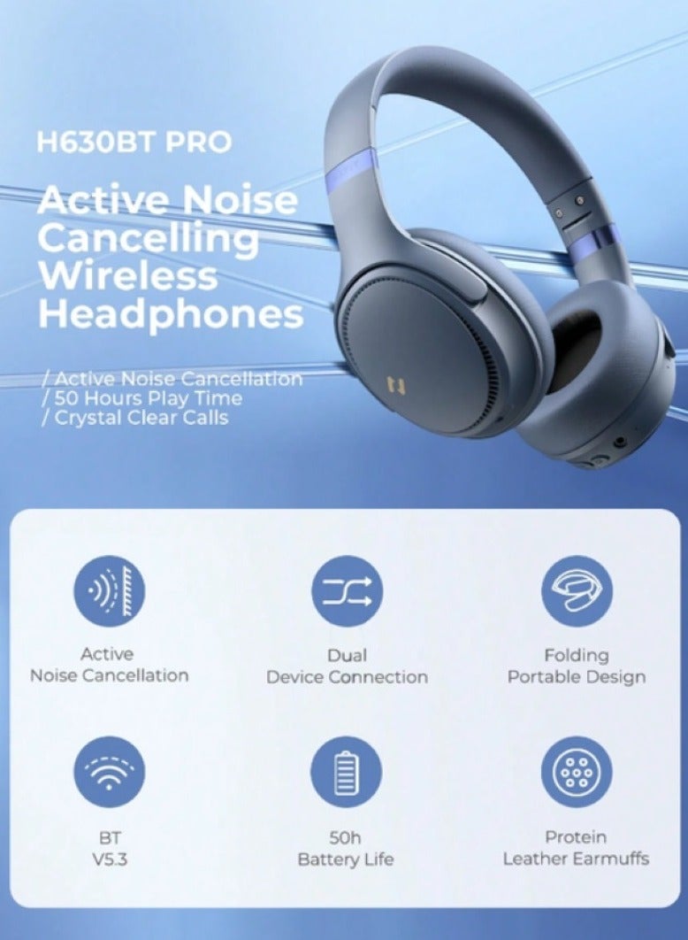 Bluetooth Over-Ear Headphones with Active Noise Cancelling, Wireless 5.3V Technology, 50H Playtime, HiFi Stereo Sound, Soft Ear Pads, Built-In Mic, Foldable Design for Easy Storage, Perfect for Phone and PC Use - Blue
