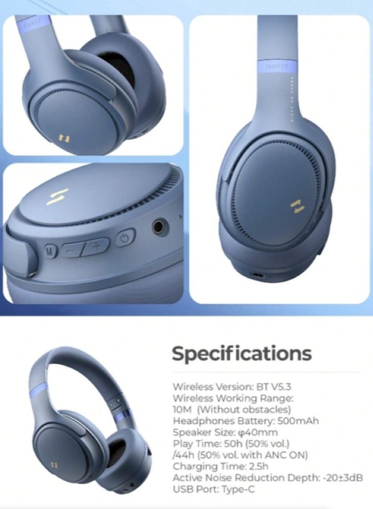 Bluetooth Over-Ear Headphones with Active Noise Cancelling, Wireless 5.3V Technology, 50H Playtime, HiFi Stereo Sound, Soft Ear Pads, Built-In Mic, Foldable Design for Easy Storage, Perfect for Phone and PC Use - Blue