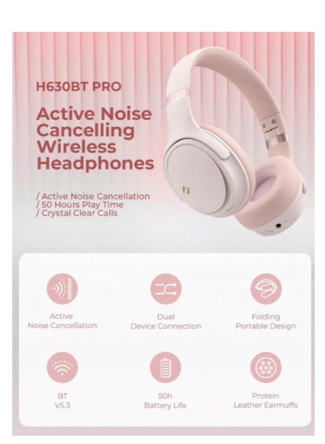 Bluetooth Headphones Over Ear, Active Noise Cancelling Wireless 5.3V Headphones, 50H Playtime, HiFi Stereo Headphones Wireless, Soft Ear Pad, Built-In Mic, Foldable Headphones for Phone/PC- Pink