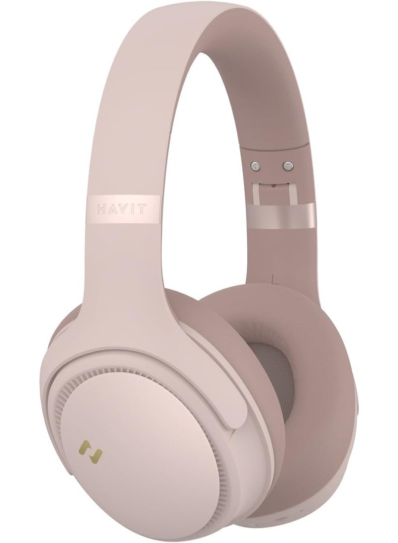 Bluetooth Headphones Over Ear, Active Noise Cancelling Wireless 5.3V Headphones, 50H Playtime, HiFi Stereo Headphones Wireless, Soft Ear Pad, Built-In Mic, Foldable Headphones for Phone/PC- Pink