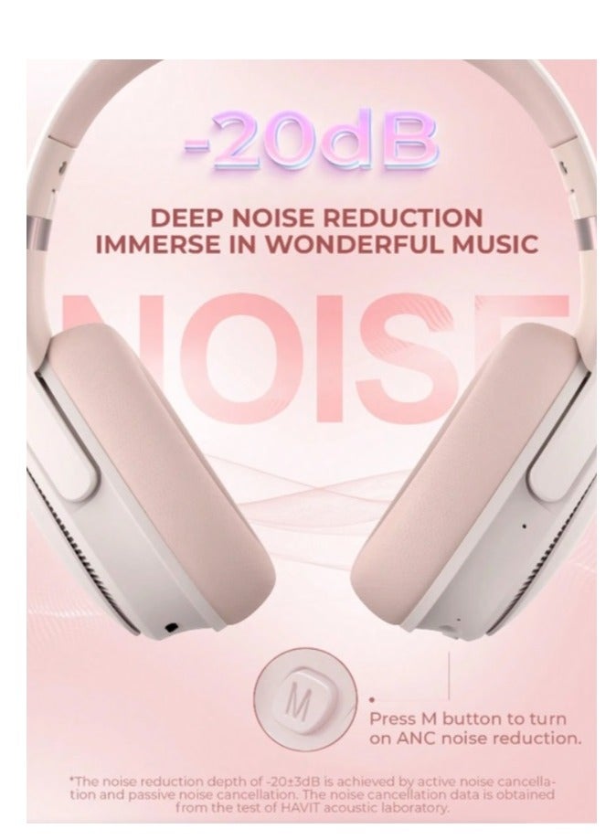 Bluetooth Headphones Over Ear, Active Noise Cancelling Wireless 5.3V Headphones, 50H Playtime, HiFi Stereo Headphones Wireless, Soft Ear Pad, Built-In Mic, Foldable Headphones for Phone/PC- Pink