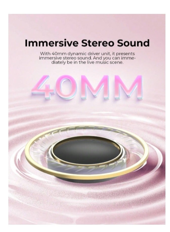 Bluetooth Headphones Over Ear, Active Noise Cancelling Wireless 5.3V Headphones, 50H Playtime, HiFi Stereo Headphones Wireless, Soft Ear Pad, Built-In Mic, Foldable Headphones for Phone/PC- Pink