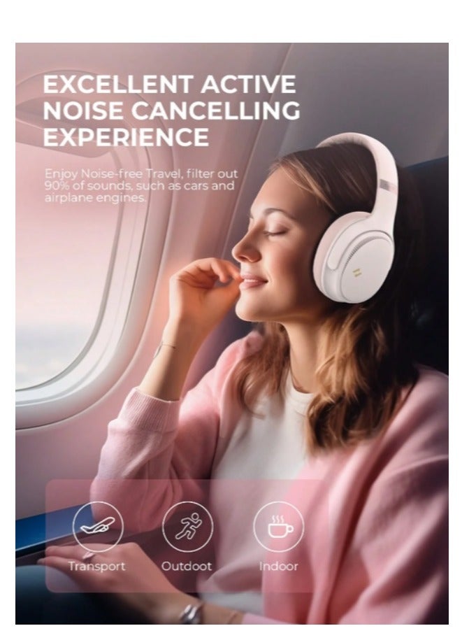 Bluetooth Headphones Over Ear, Active Noise Cancelling Wireless 5.3V Headphones, 50H Playtime, HiFi Stereo Headphones Wireless, Soft Ear Pad, Built-In Mic, Foldable Headphones for Phone/PC- Pink