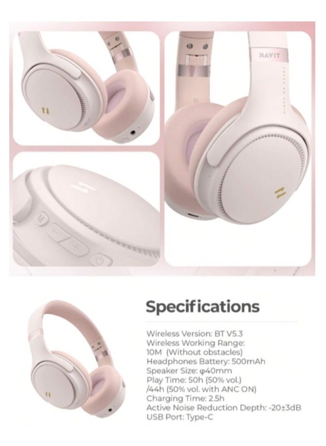 Bluetooth Headphones Over Ear, Active Noise Cancelling Wireless 5.3V Headphones, 50H Playtime, HiFi Stereo Headphones Wireless, Soft Ear Pad, Built-In Mic, Foldable Headphones for Phone/PC- Pink