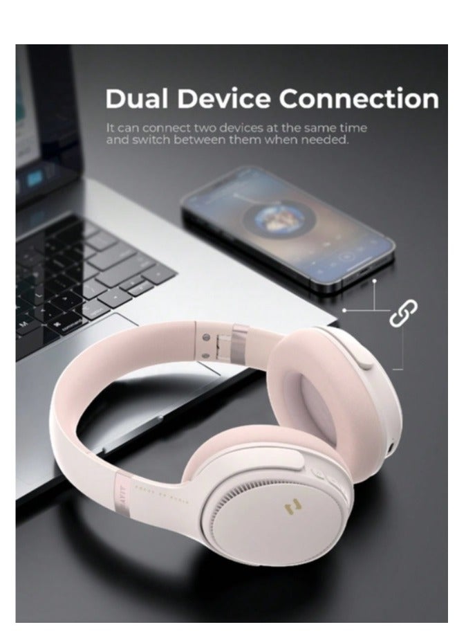 Bluetooth Headphones Over Ear, Active Noise Cancelling Wireless 5.3V Headphones, 50H Playtime, HiFi Stereo Headphones Wireless, Soft Ear Pad, Built-In Mic, Foldable Headphones for Phone/PC- Pink