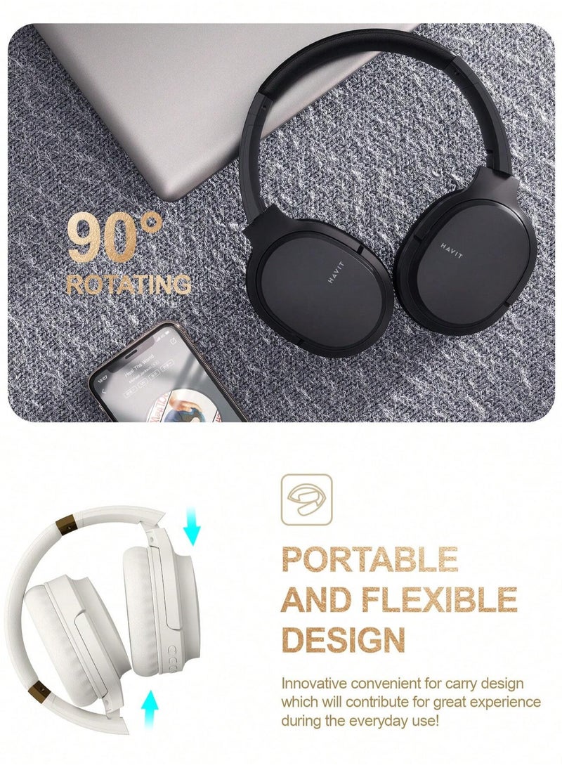 Wireless Bluetooth Headphones, Over-Ear, Noise-Isolation, Deep Bass, 40mm Drivers, SD Card, FM Radio, AUX Input, Adjustable Headband, Built-in Mic, Long Battery Life, Hands-Free Calls, Compatible with Android & iOS for Travel, Sports, Gaming (Gold/Beige)