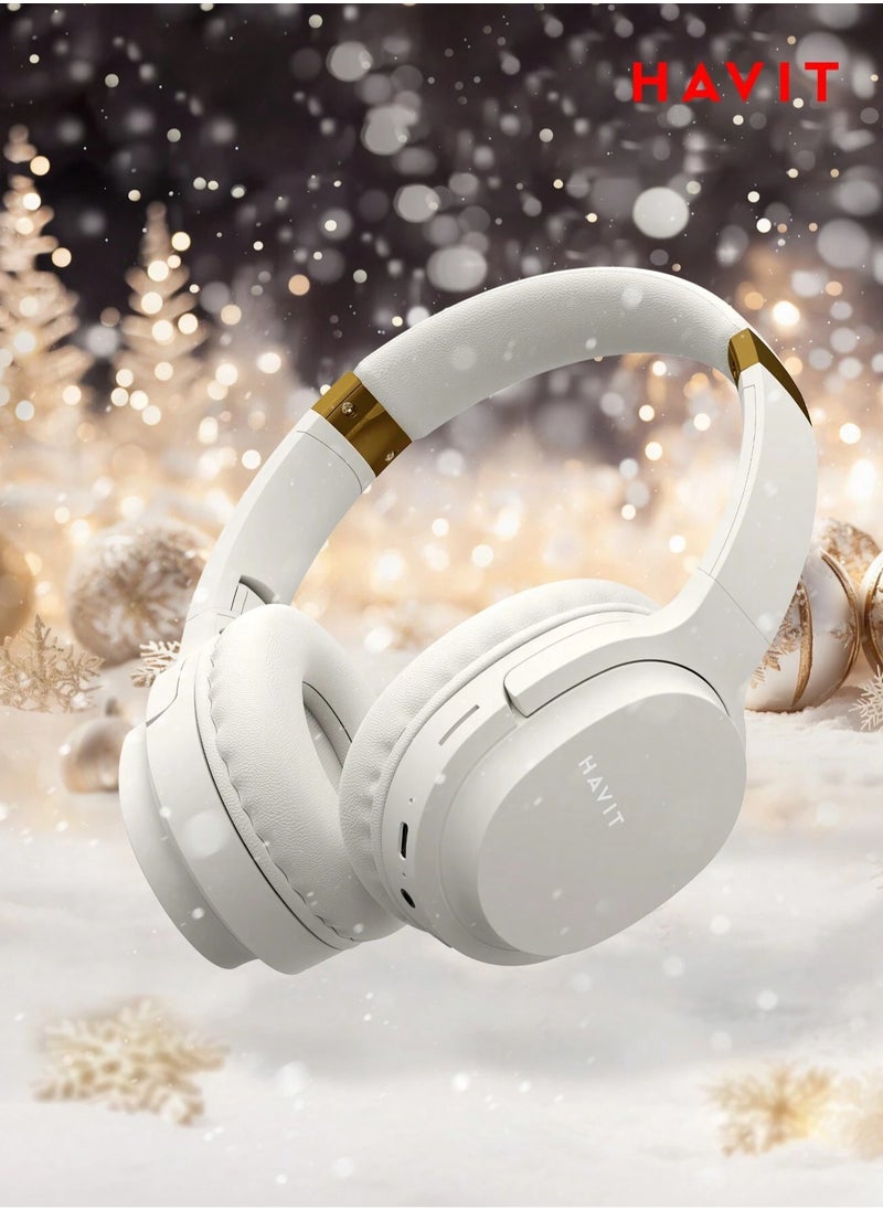 Wireless Bluetooth Headphones, Over-Ear, Noise-Isolation, Deep Bass, 40mm Drivers, SD Card, FM Radio, AUX Input, Adjustable Headband, Built-in Mic, Long Battery Life, Hands-Free Calls, Compatible with Android & iOS for Travel, Sports, Gaming (Gold/Beige)