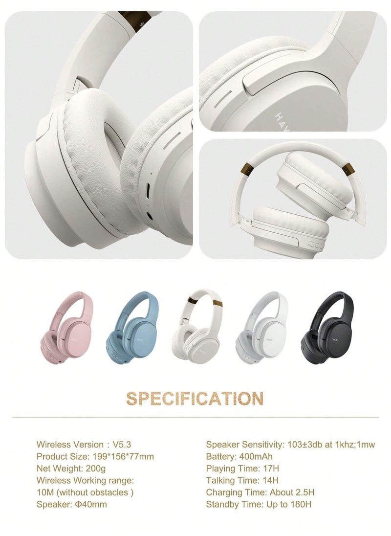 Wireless Bluetooth Headphones, Over-Ear, Noise-Isolation, Deep Bass, 40mm Drivers, SD Card, FM Radio, AUX Input, Adjustable Headband, Built-in Mic, Long Battery Life, Hands-Free Calls, Compatible with Android & iOS for Travel, Sports, Gaming (Gold/Beige)