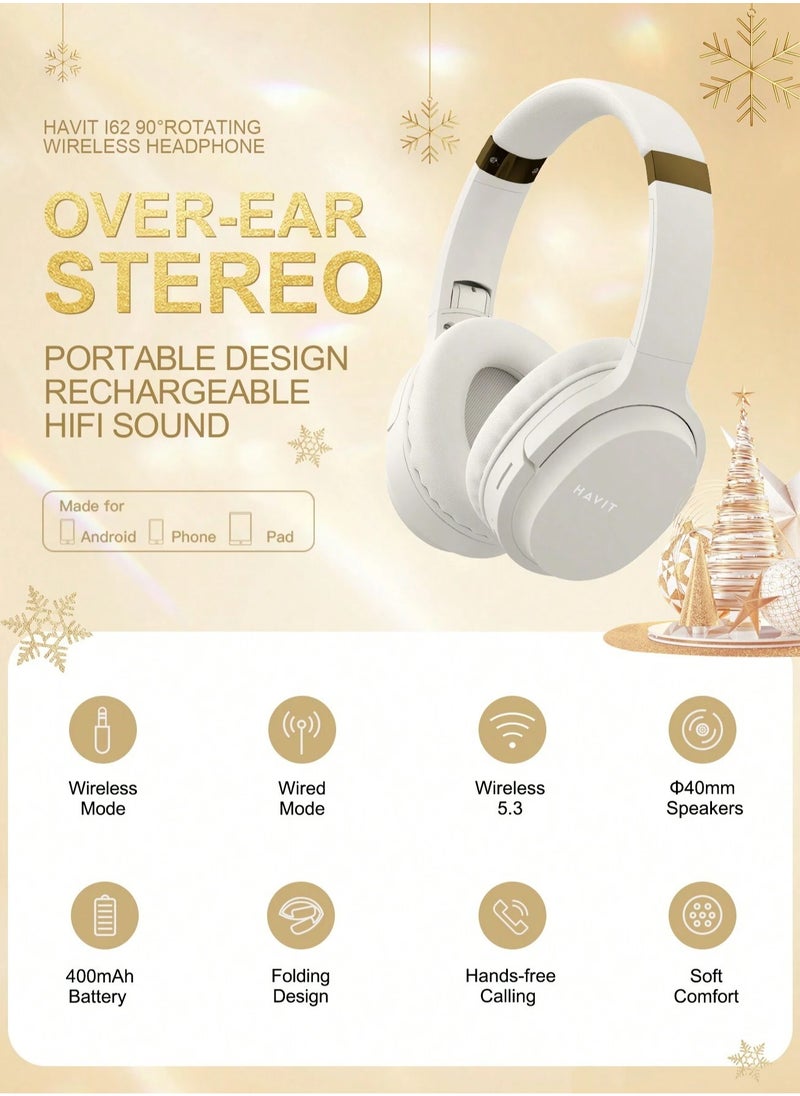 Wireless Bluetooth Headphones, Over-Ear, Noise-Isolation, Deep Bass, 40mm Drivers, SD Card, FM Radio, AUX Input, Adjustable Headband, Built-in Mic, Long Battery Life, Hands-Free Calls, Compatible with Android & iOS for Travel, Sports, Gaming (Gold/Beige)
