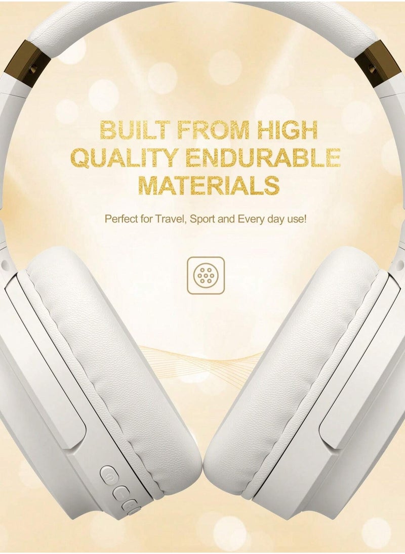Wireless Bluetooth Headphones, Over-Ear, Noise-Isolation, Deep Bass, 40mm Drivers, SD Card, FM Radio, AUX Input, Adjustable Headband, Built-in Mic, Long Battery Life, Hands-Free Calls, Compatible with Android & iOS for Travel, Sports, Gaming (Gold/Beige)