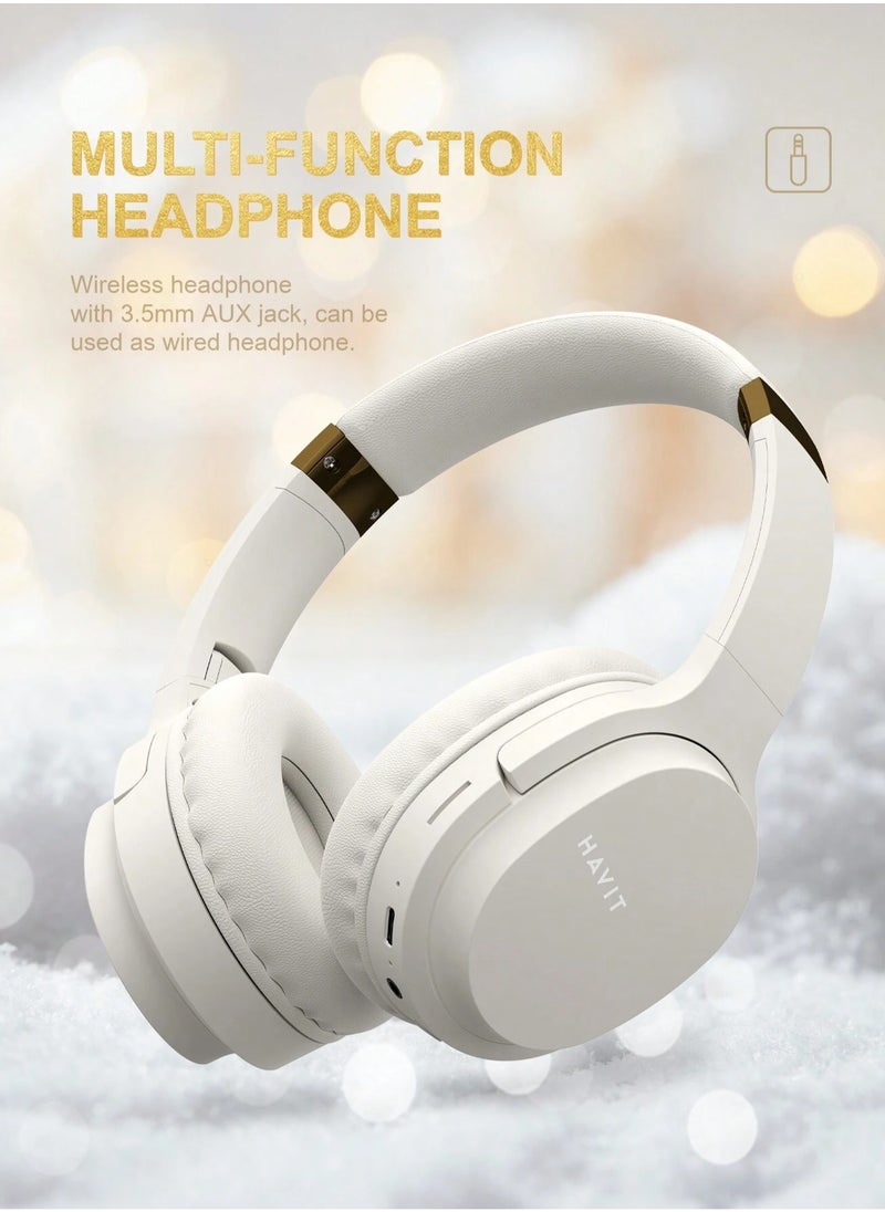 Wireless Bluetooth Headphones, Over-Ear, Noise-Isolation, Deep Bass, 40mm Drivers, SD Card, FM Radio, AUX Input, Adjustable Headband, Built-in Mic, Long Battery Life, Hands-Free Calls, Compatible with Android & iOS for Travel, Sports, Gaming (Gold/Beige)