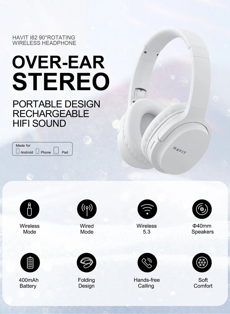 Wireless Bluetooth Headphones Over-Ear, Noise-Isolating Headset with Deep Bass, 40mm Drivers, Bluetooth 5.3, SD Card Slot & FM Radio, AUX Input, Foldable Design, Adjustable Headband, Built-in Mic, 17H Long Battery Life, Hands-Free Calls, Comfortable for Music, Gaming, Travel, Sports, Office Use, Compatible with Android & iOS Devices (Blue)