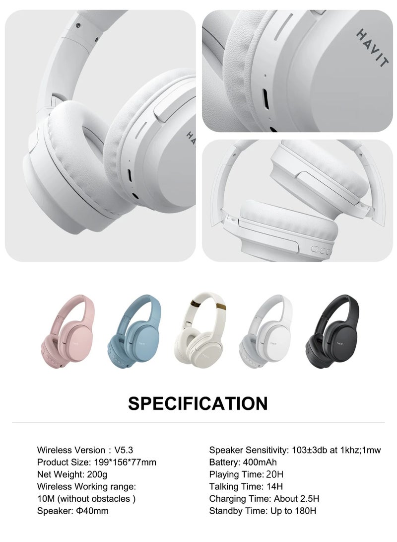 Wireless Bluetooth Headphones Over-Ear, Noise-Isolating Headset with Deep Bass, 40mm Drivers, Bluetooth 5.3, SD Card Slot & FM Radio, AUX Input, Foldable Design, Adjustable Headband, Built-in Mic, 17H Long Battery Life, Hands-Free Calls, Comfortable for Music, Gaming, Travel, Sports, Office Use, Compatible with Android & iOS Devices (Blue)
