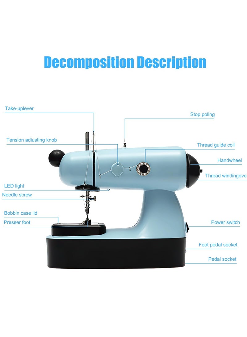 Compact Sewing Machine with Extended Table, Ideal for Beginners - Dual Stitching Function for Quick Home DIY Projects, Includes Flashlight (Blue)