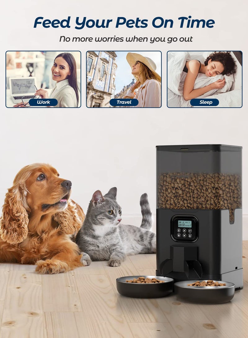 Automatic Cat Feeders for Two Cats, Double Pet Feeder with 2 Stainless Steel Bowls,6L Timed Cat Feeder with Memory Function, Pet Food Dish