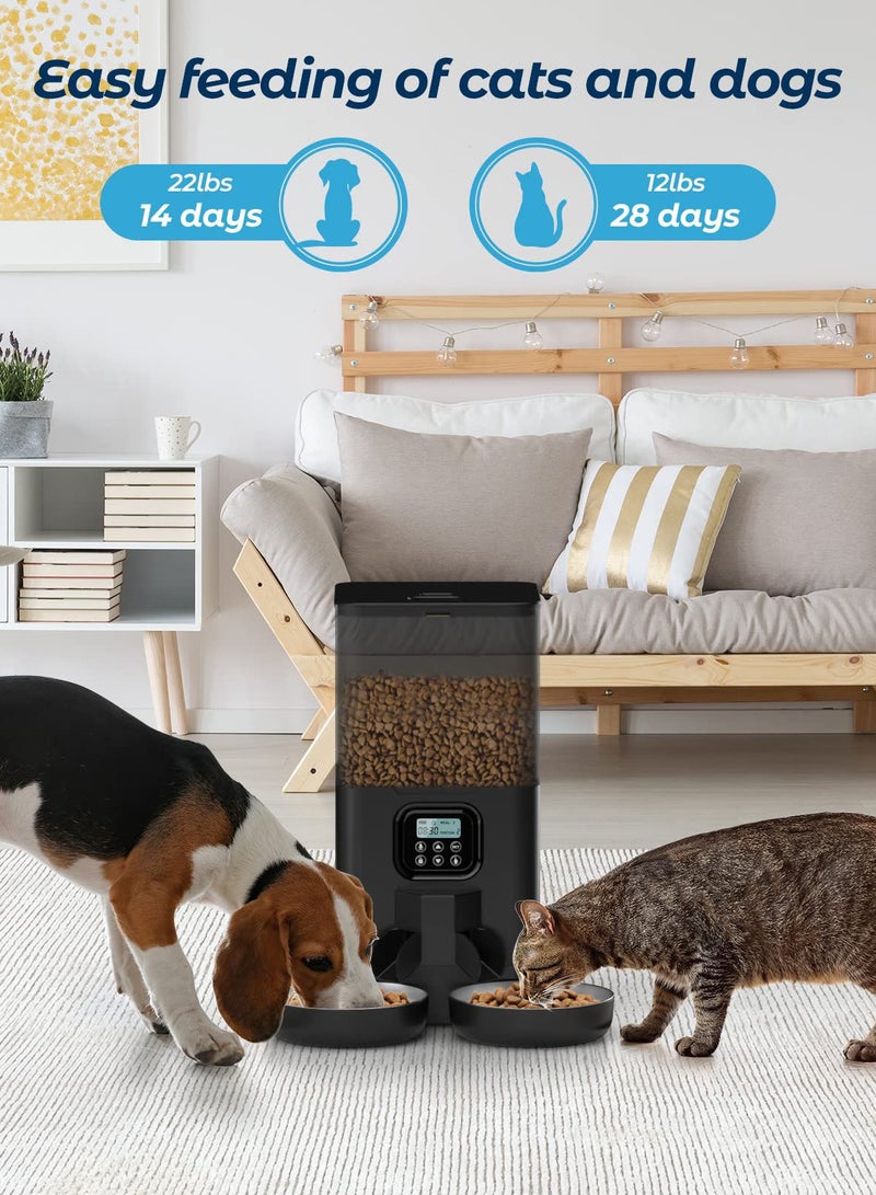 Automatic Cat Feeders for Two Cats, Double Pet Feeder with 2 Stainless Steel Bowls,6L Timed Cat Feeder with Memory Function, Pet Food Dish