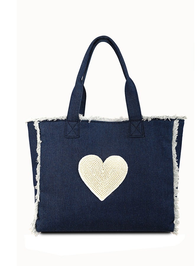 Amor Pearl Fringe Tote Bag Denim