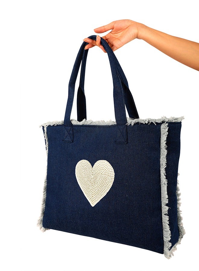 Amor Pearl Fringe Tote Bag Denim