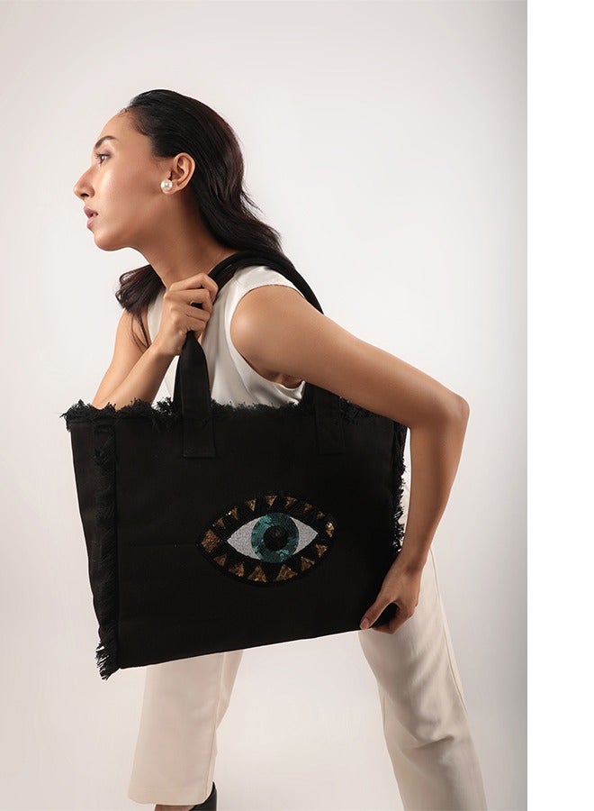 Evil Eye Fringe Tote Bag Black