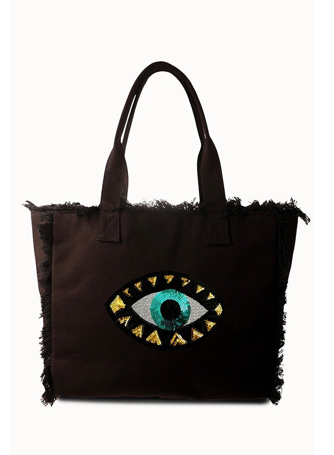 Evil Eye Fringe Tote Bag Black