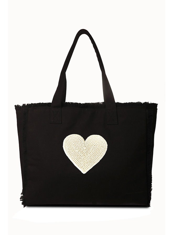 Amor Pearl Fringe Tote Bag Black