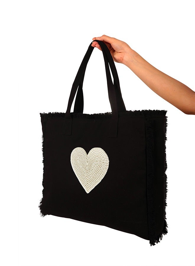 Amor Pearl Fringe Tote Bag Black