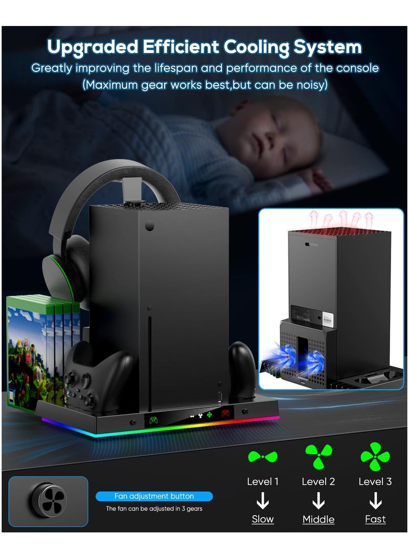 Cooling Fan for Xbox Series X Console & Controller, Upgraded RGB Cooling Fan Charging Station, Cooling Stand, Wireless Dual Charger Dock & Cooler System Stand with 15 Colorful Light Modes