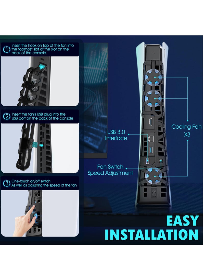 Cooling Fan for PS5 Slim, Quiet Cooling System with 3 Fans, USB Port, Accessories for PlayStation 5 Slim Digital/Disc Version Cooler with LED Light