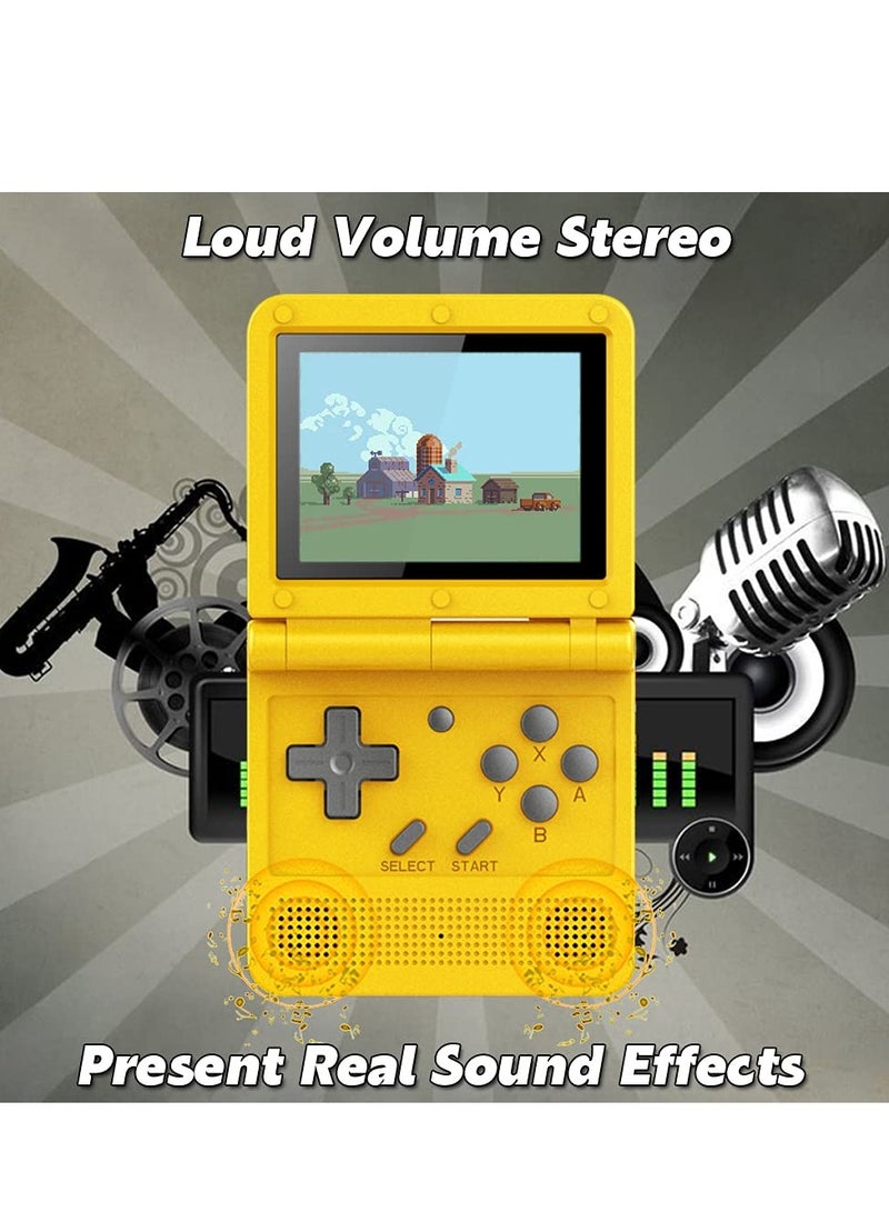 Portable Mini Retro Game Console with 3-Inch IPS Screen, Open System, 64GB TF Card, Built-in Games, Rechargeable Battery - Flip Handheld Game Console in Yellow