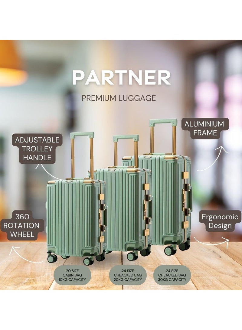 3 PCS TROLLEY LUGGAGE ALUMINUM FRAME POLY CARBON MATERIAL, LUGGAGE SUITCASE SET AND CABIN LUGGAGE BAG SET GREEN COLOUR