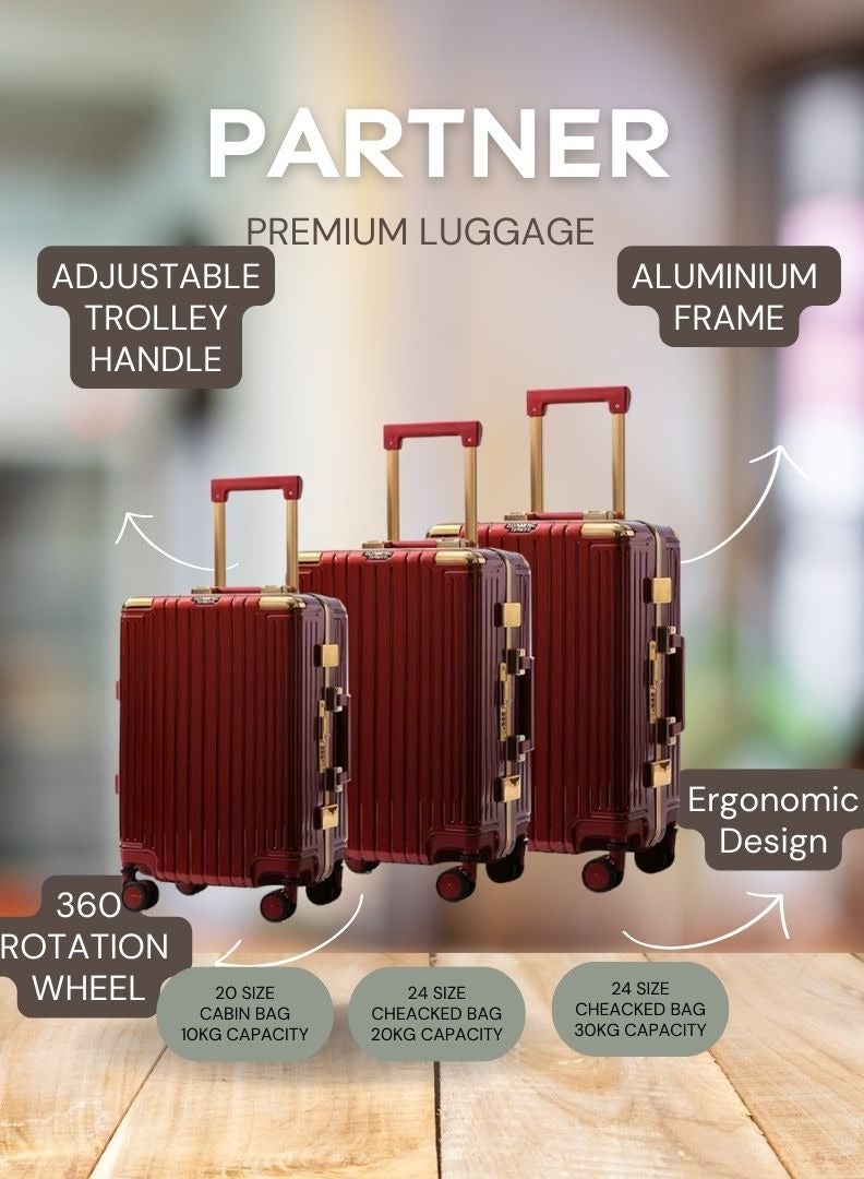 3 PCS TROLLEY LUGGAGE ALUMINUM FRAME POLY CARBON MATERIAL, LUGGAGE SUITCASE SET AND CABIN LUGGAGE BAG SET WINE COLOUR