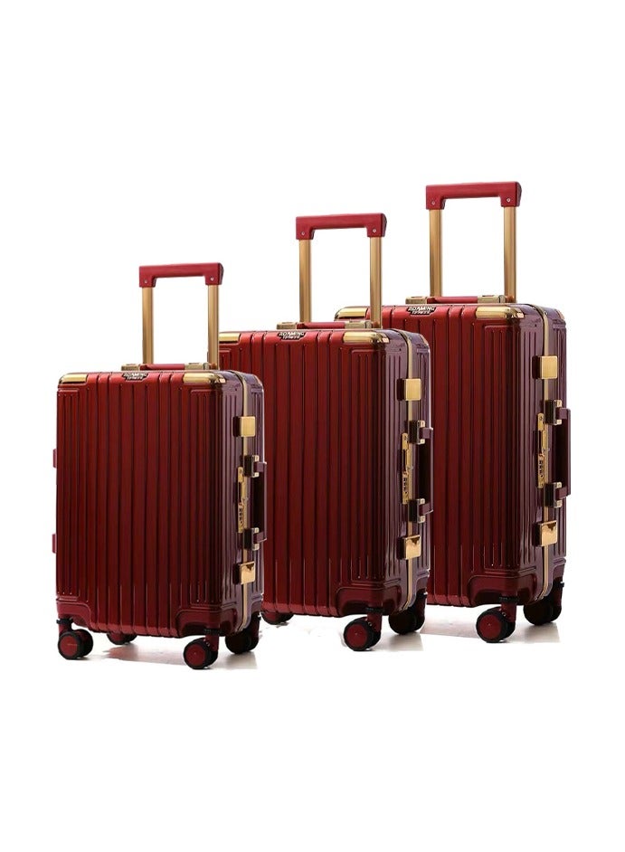 3 PCS TROLLEY LUGGAGE ALUMINUM FRAME POLY CARBON MATERIAL, LUGGAGE SUITCASE SET AND CABIN LUGGAGE BAG SET WINE COLOUR