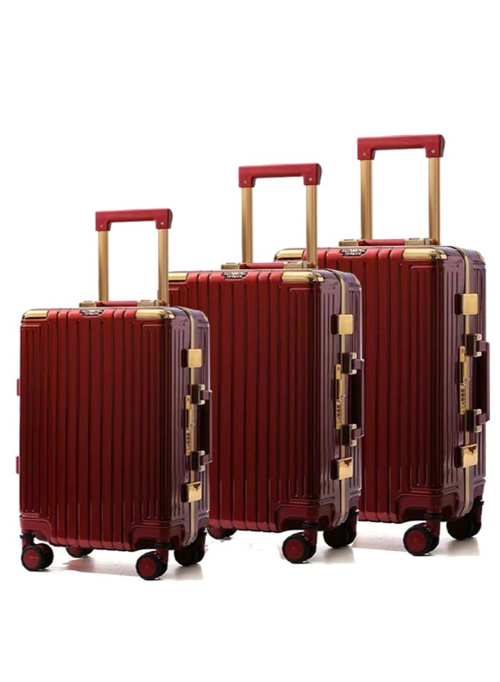 3 PCS TROLLEY LUGGAGE ALUMINUM FRAME POLY CARBON MATERIAL, LUGGAGE SUITCASE SET AND CABIN LUGGAGE BAG SET WINE COLOUR