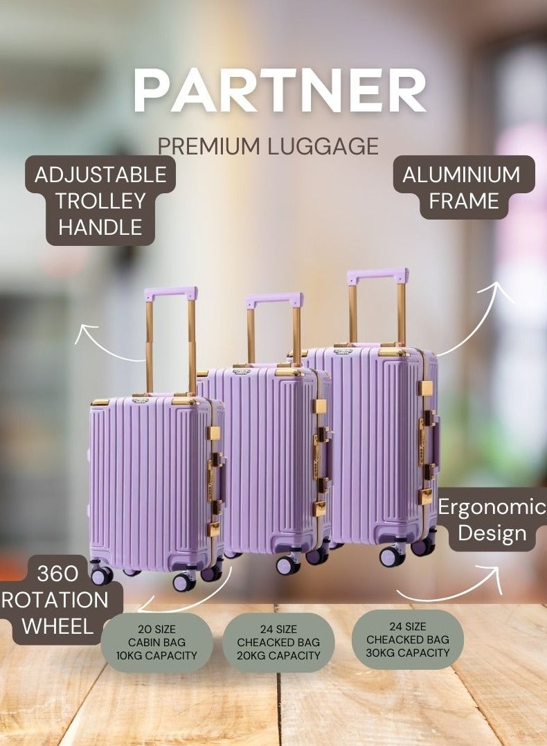 3 PCS TROLLEY LUGGAGE ALUMINUM FRAME POLY CARBON MATERIAL, LUGGAGE SUITCASE SET AND CABIN LUGGAGE BAG SET PURPLE COLOUR