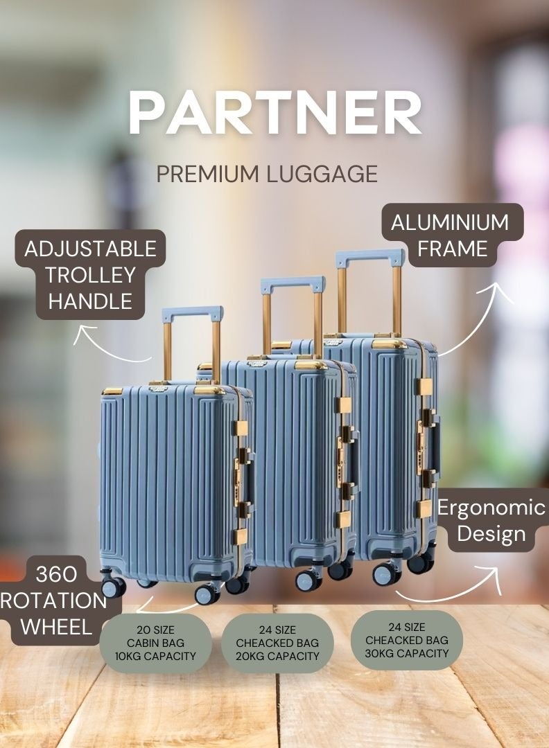 3 PCS TROLLEY LUGGAGE ALUMINUM FRAME POLY CARBON MATERIAL, LUGGAGE SUITCASE SET AND CABIN LUGGAGE BAG SET LIGHT BLUE COLOUR