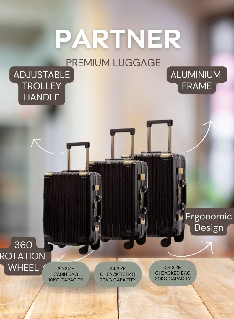 3 PCS TROLLEY LUGGAGE ALUMINUM FRAME POLY CARBON MATERIAL, LUGGAGE SUITCASE SET AND CABIN LUGGAGE BAG SET BLACK COLOUR