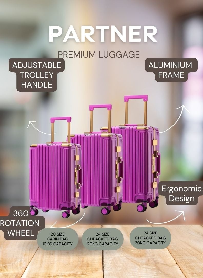 3 PCS TROLLEY LUGGAGE ALUMINUM FRAME POLY CARBON MATERIAL, LUGGAGE SUITCASE SET AND CABIN LUGGAGE BAG SET ROSE COLOUR