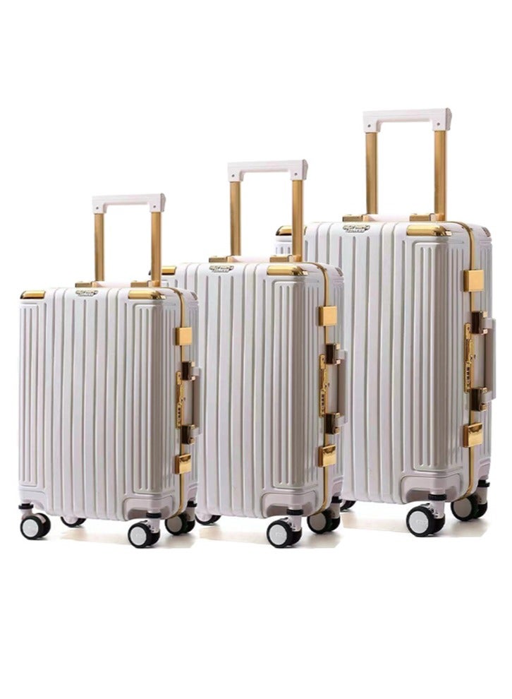 3 PCS TROLLEY LUGGAGE ALUMINUM FRAME POLY CARBON MATERIAL, LUGGAGE SUITCASE SET AND CABIN LUGGAGE BAG SET WHITE COLOUR