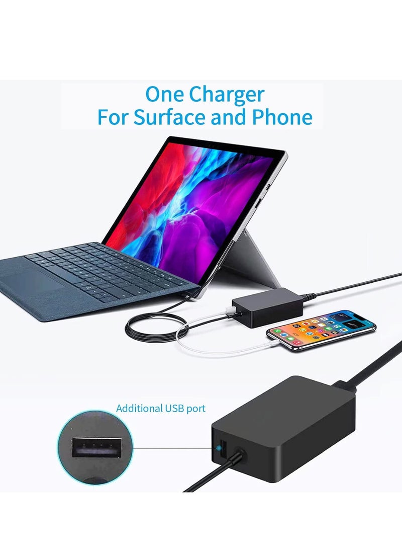 For Surface Pro Charger, Surface Laptop Adapter 65W 15V 4A Power Supply Compatible with Microsoft Surface Pro 7 6 5 4 3 Surface Go1 2 Surface Book1 2, Surface Laptop 1 2 3 with 5V USB Charging Port